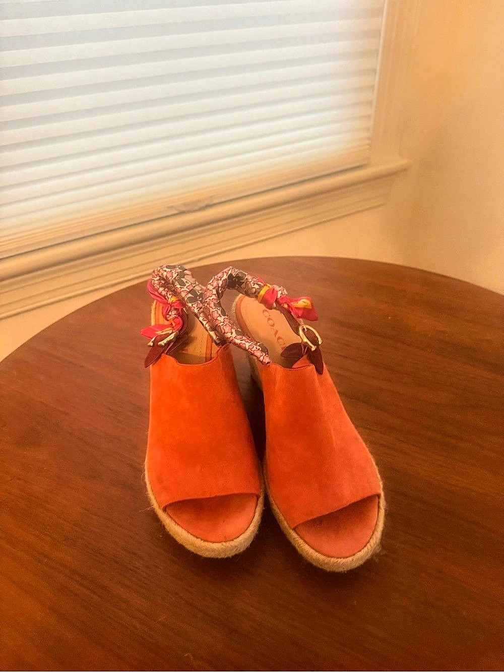 Coach Poppy Suede Wedge Espadrille with Silk Scarf Ankle Wrap Orange & Pink